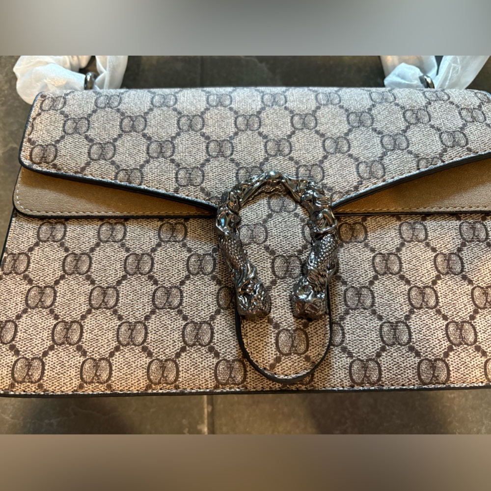 Designer look alike Tan and Brown Monogram Bag with Silver Snake Detail